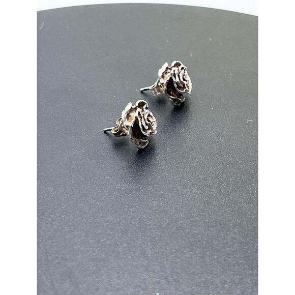 M Designer Signed Sterling Silver Diamond Cut Rose Stud Pierced Earrings Mexico - Picture 3 of 11